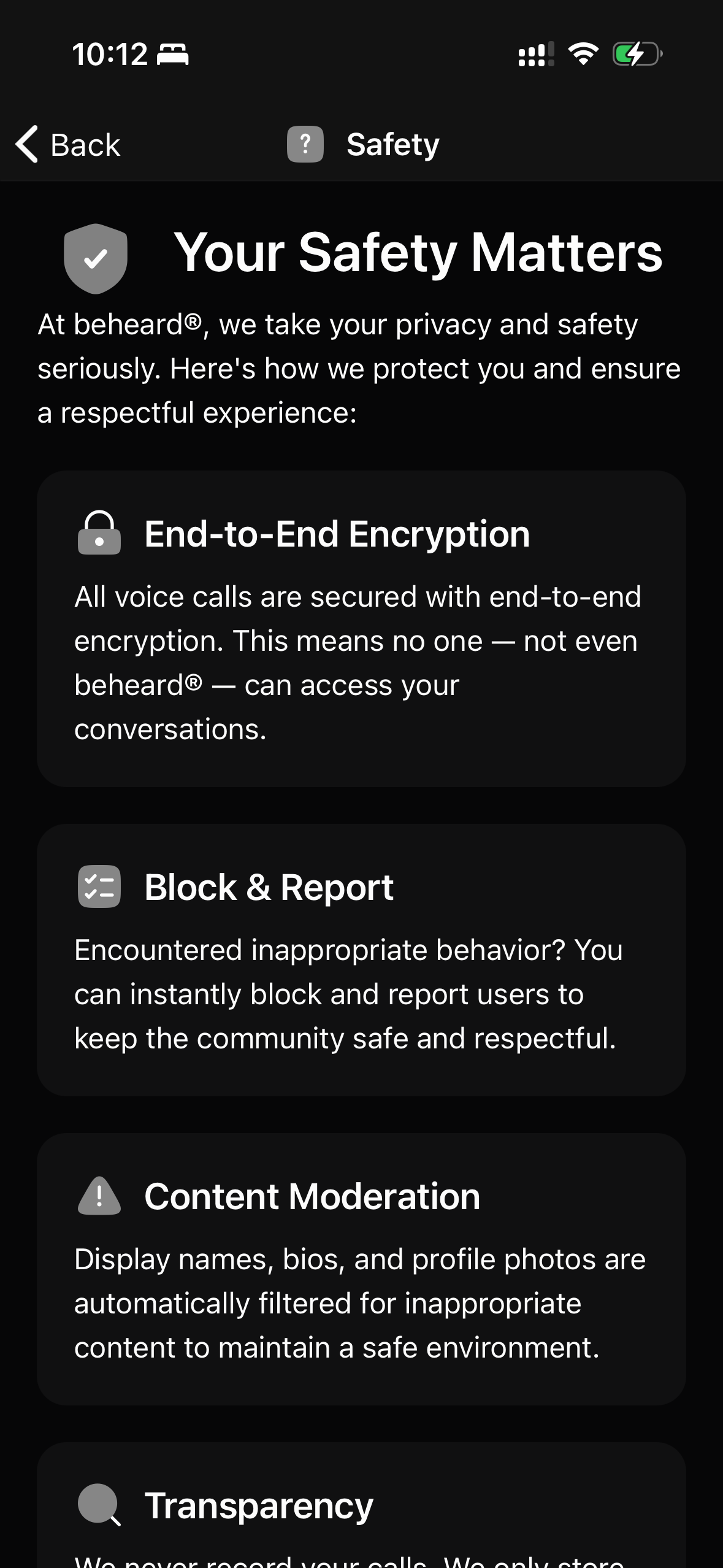 beheard app screenshot showing call feedback